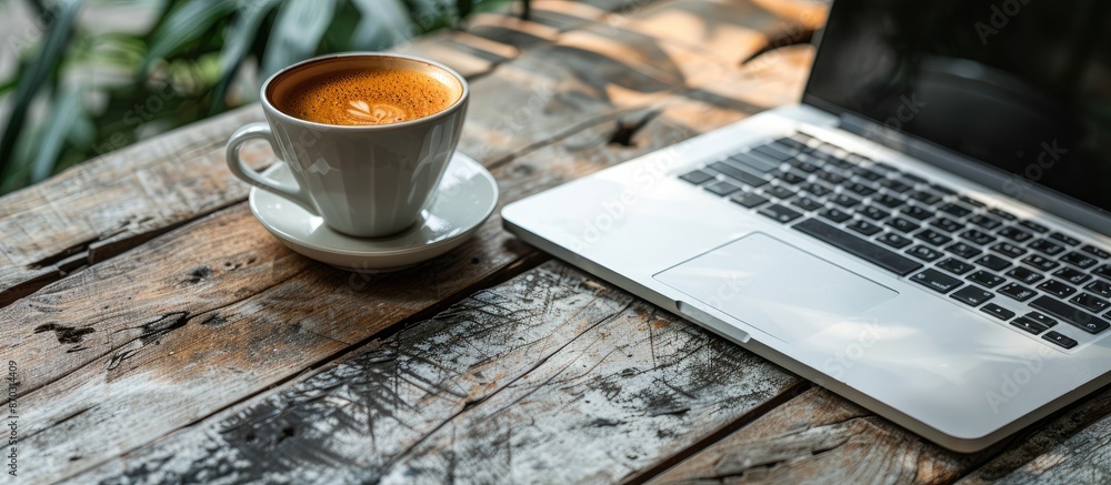 Poster an image showcasing a cup of coffee next to a laptop on a rustic wooden table outdoors, with the foc