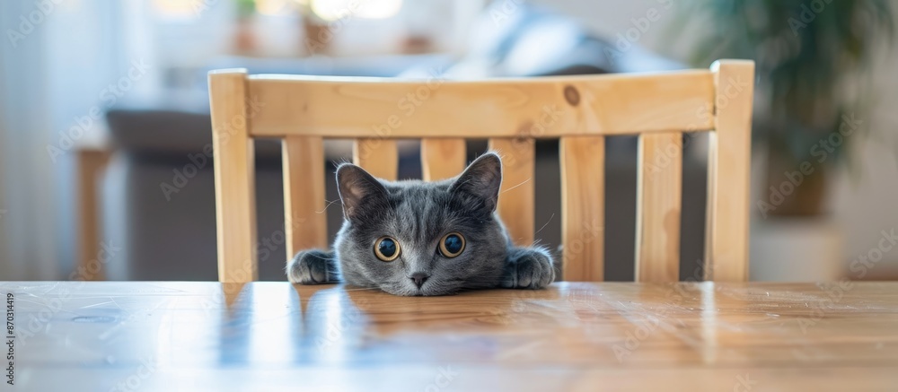 Aufkleber Adorable gray cat peeking out from behind chair and looking at camera while sitting at table in light living room. with copy space image. Place for adding text or design