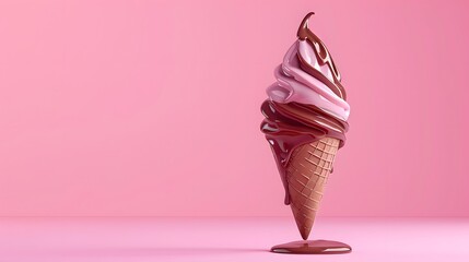 Delicious chocolate and strawberry soft serve ice cream cone against a pink background, perfect for dessert and summer treat themes.