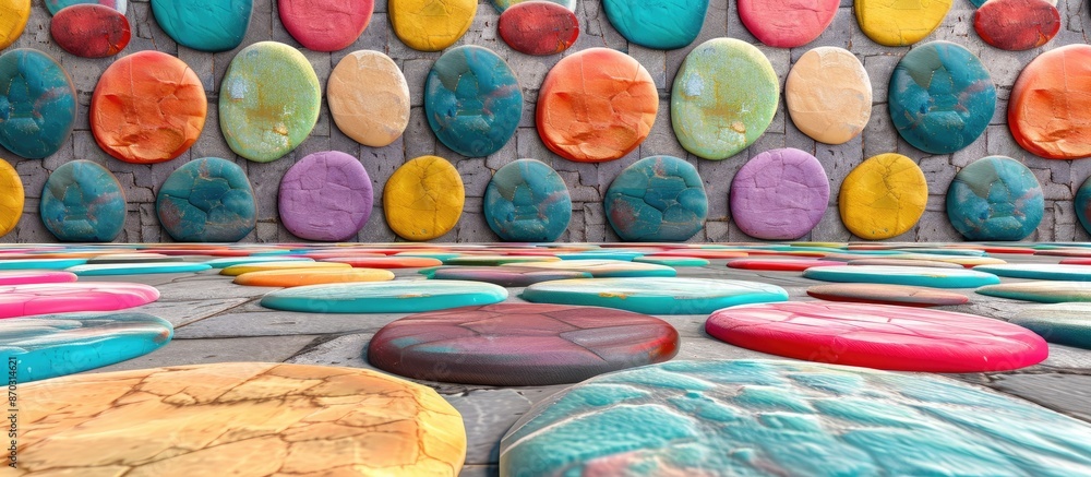 Poster Colorful floor and wall with circle shape stones. with copy space image. Place for adding text or design