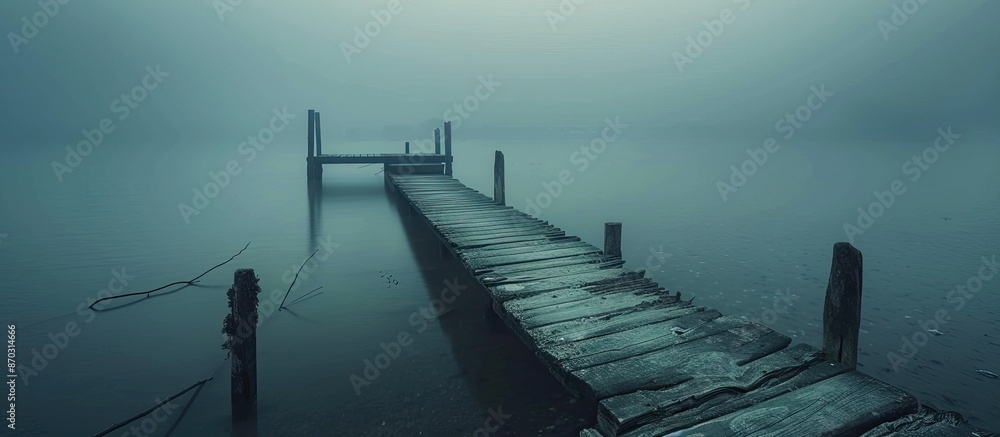 Poster tranquil and peaceful long exposure image of a broken bridge captured in the serene early morning li
