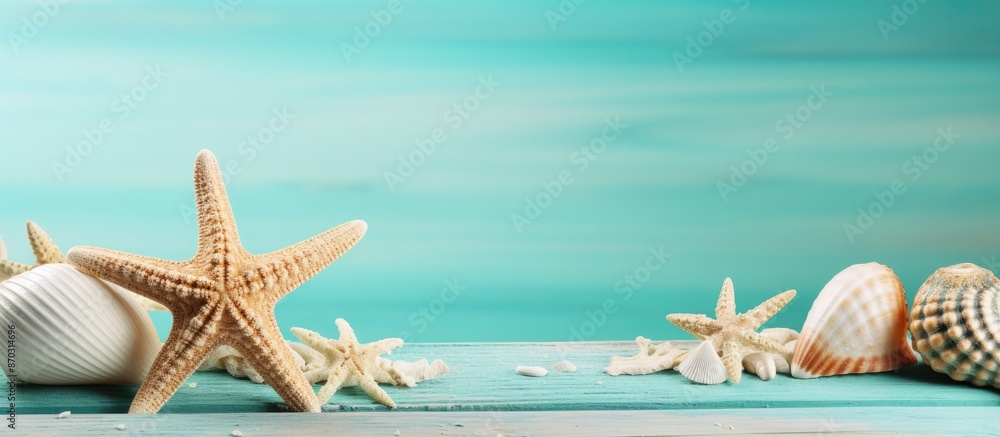Poster summer vacation theme with starfish and seashells on a turquoise wooden table set against a sandy ba