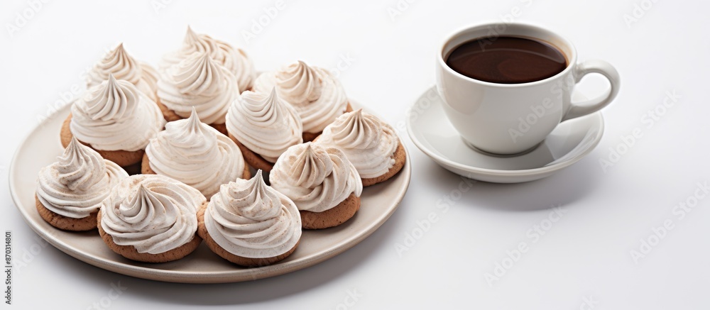 Fototapete View from above of chocolate meringue cookies and a cup of coffee on a white surface with a blank area for adding text or images. with copy space image. Place for adding text or design