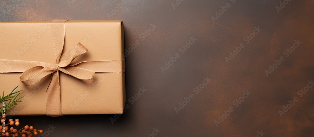 Poster top view flat lay of a gift craft package against a brown craft background provides ample copy space