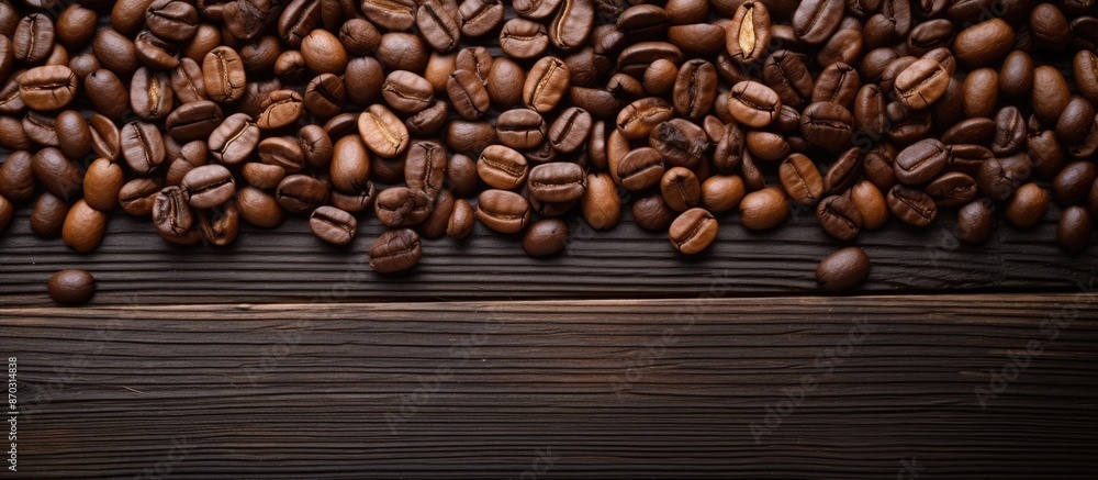 Poster Coffee beans set on a rustic wooden table with an inviting copy space image.