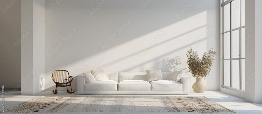 Poster Spacious white room with pattern carpet, sofa and armchair. with copy space image. Place for adding text or design