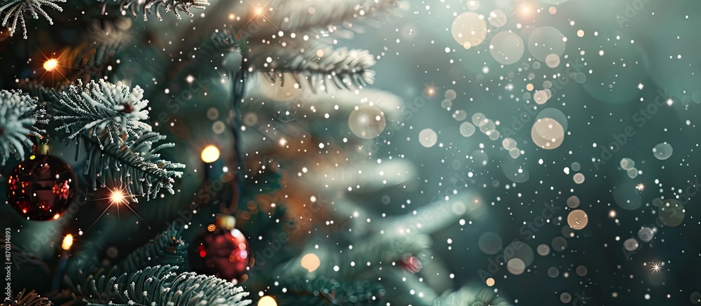 Poster decorated christmas tree on blurred, sparkling background. with copy space image. place for adding t