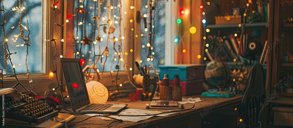 Poster Desk space image and festive carnival ambiance. with copy space image. Place for adding text or design