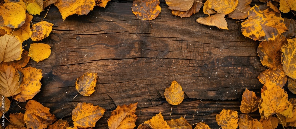 Poster autumn-themed frame composed of golden leaves, showcasing a copy space image.