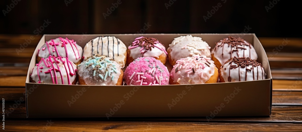 Poster A variety of appetizing donuts topped with glaze and sprinkles placed in a box on a dark wooden table, captured from above with copy space image.