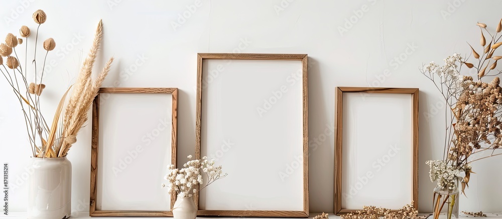 Leinwandbilder three wooden vertical frames with a white blank card and dried flowers in vases on a white wall back