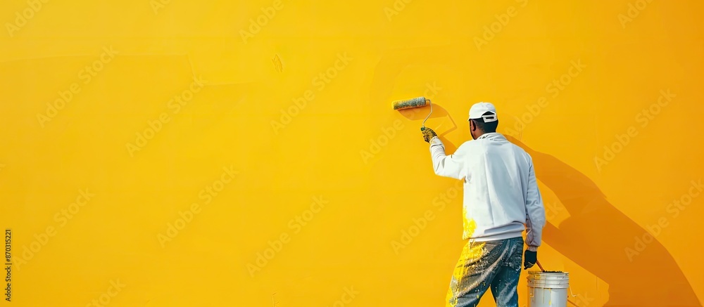 Poster painter color painting wall yellow at home with paint roller closeup. with copy space image. place f
