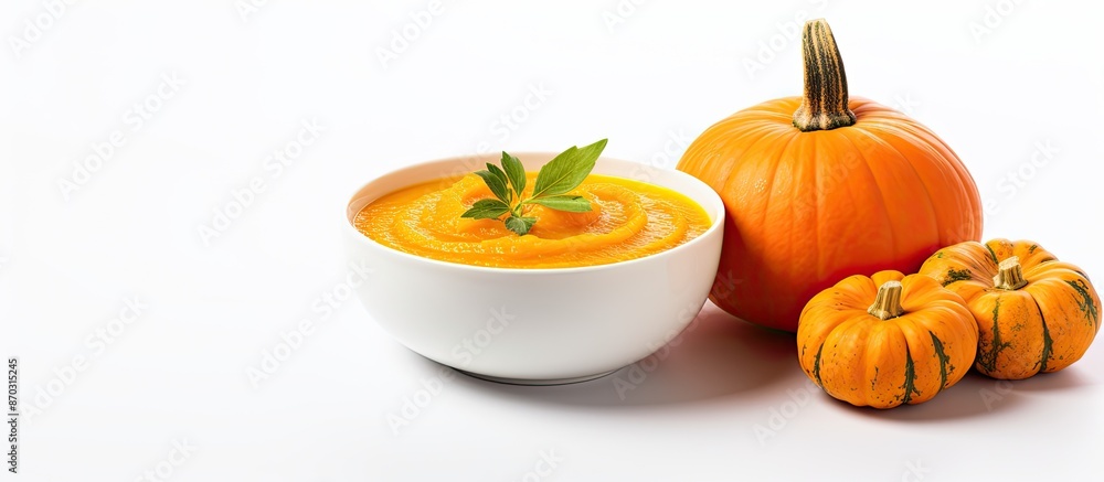Poster pumpkin and carrot soup placed on white background for copy space image, representing the concept of