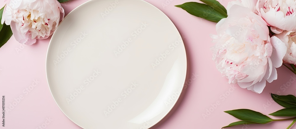 Aufkleber Top view of white peonies and a plate on a pink background in a flatlay composition with copy space image.