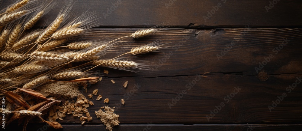 Poster create an autumn-themed flat lay featuring dried wheat ears on a dark wooden surface, leaving room f
