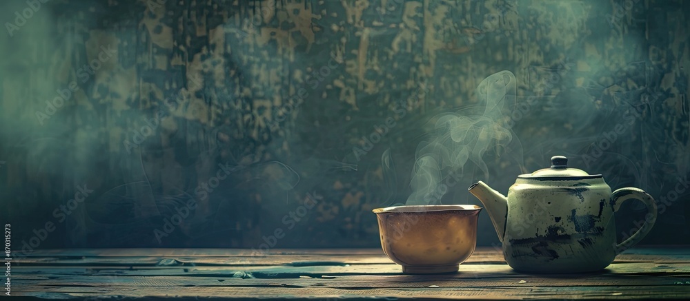 Poster vintage style tea setup with a dark tea background featuring an asian teapot, steaming tea mug on a 