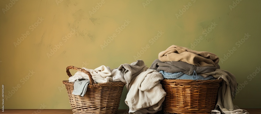 Poster Homey scene with a basket of freshly laundered clothes on a table, ideal for adding text; includes copy space image.