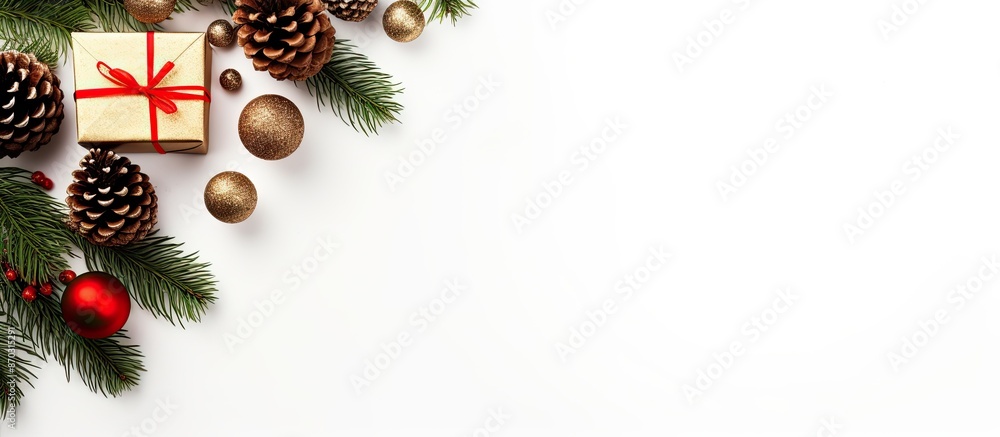 Poster a christmas-themed arrangement featuring ornaments like balls and cones, along with a gift box and f
