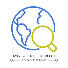 Global search two color line icon. Exploring Earth. Find information. Internet browsing. Data analysis bicolor outline symbol. Duotone linear pictogram. Isolated illustration. Editable stroke