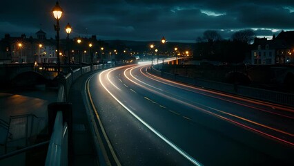 A moment frozen in time as light trails illustrate the busy traffic on a wellpreserved historic bridge.
