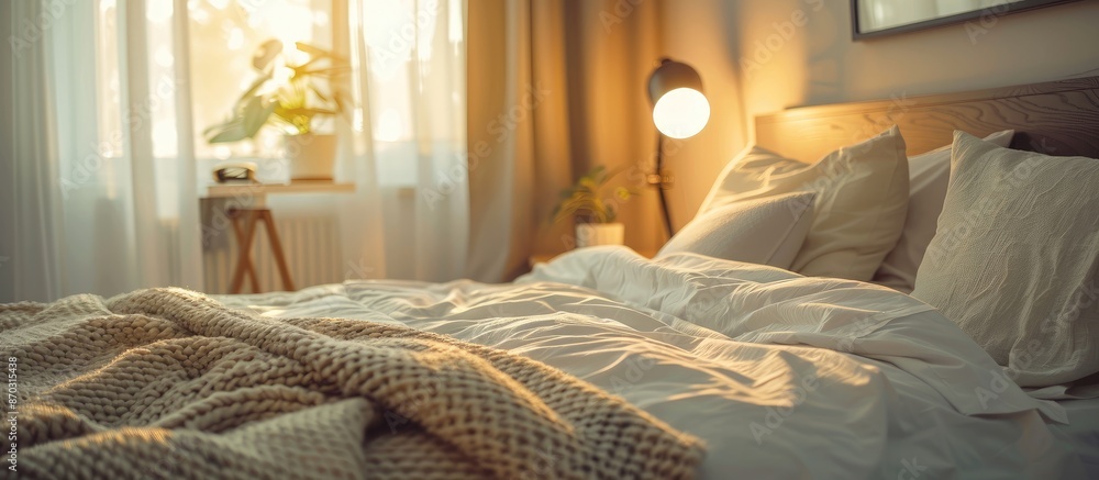 Aufkleber white comfortable pillow and blanket on bed with light lamp decoration interior of bedroom. with cop