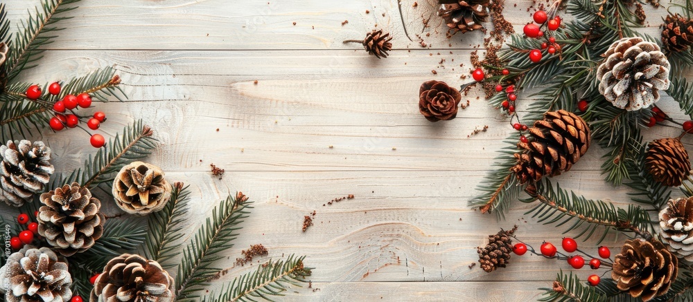 Poster top-down view of christmas decorations: spruce branches, red berries, natural pine cones on light wo