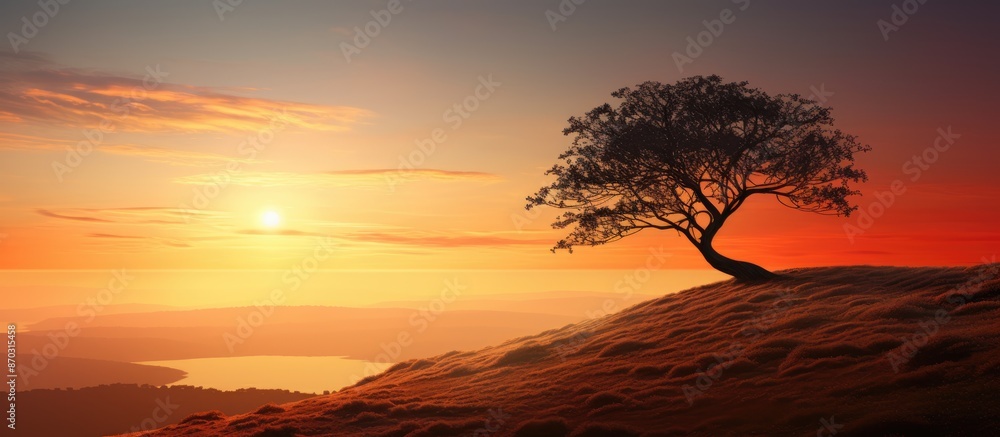 Poster sunset scene on a hillside with a tree, providing ample copy space image.