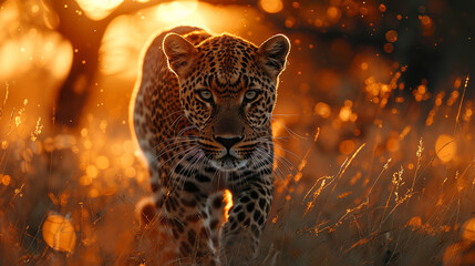 African leopard. Detailed vegetation in african savannah background, cinematic shoot, ultrareal, morning light