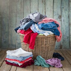 Heap of dirty clothes and laundry basket