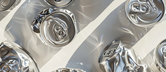 Soft shadows fall on a white surface in a studio close-up of crushed aluminum drink cans. The composition includes copy space for more elements.