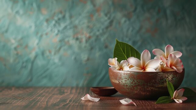 Traditional Thai offering bowl with flowers, set against a hyper detailed, clean background, perfect for minimalistic and elegant advertising photos