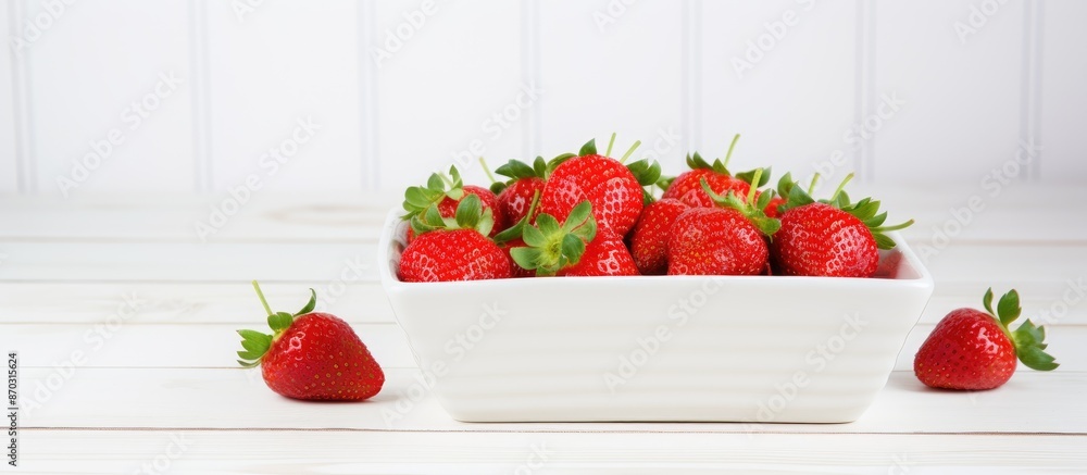 Aufkleber square dish with fresh strawberries displayed on a white wooden table background, ideal as a copy sp