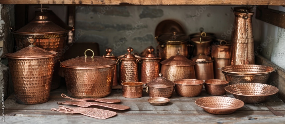 Poster copper kitchenware on the ground. local copper materials in the shop. with copy space image. Place for adding text or design