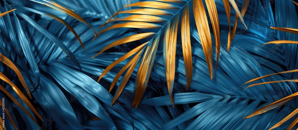 Aufkleber blue abstract background with a texture of a golden palm leaf pattern, ideal for tropical summer des