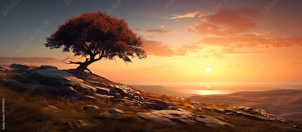 Poster sunset scene on a hillside with a tree, providing ample copy space image.