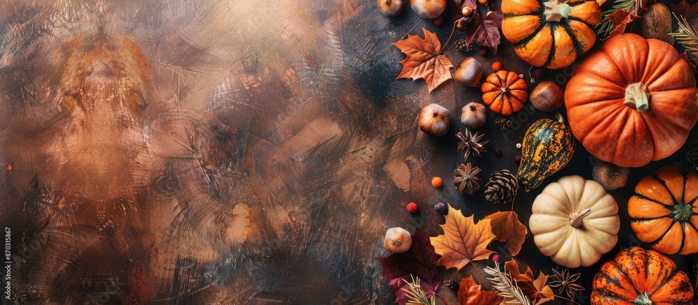 Poster Top-down view of a festive Thanksgiving setup featuring local pumpkins, fall leaves, and seasonal decor on a textured table, allowing room for text in the image. with copy space image