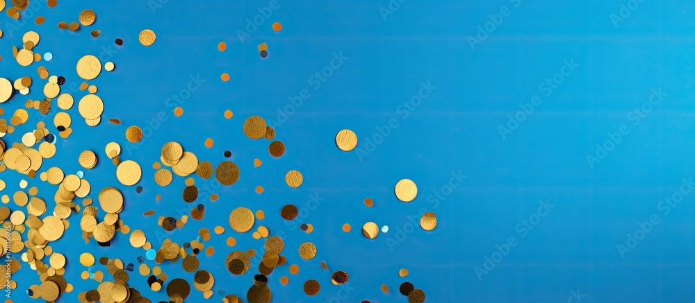 Poster vibrant gold confetti scattered on a blue backdrop creating a festive atmosphere, perfect as a festi