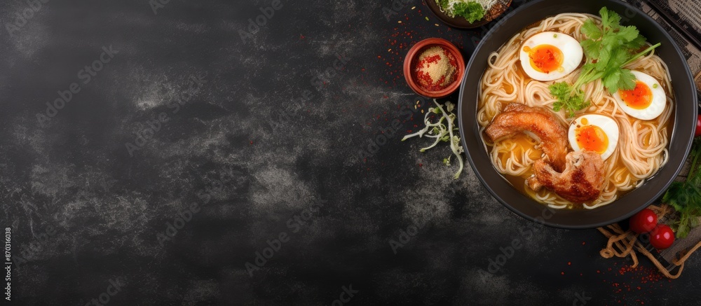 Aufkleber Chicken ramen noodle soup from Asia displayed on a dark concrete surface from above. There is room for adding text in the image. with copy space image. Place for adding text or design