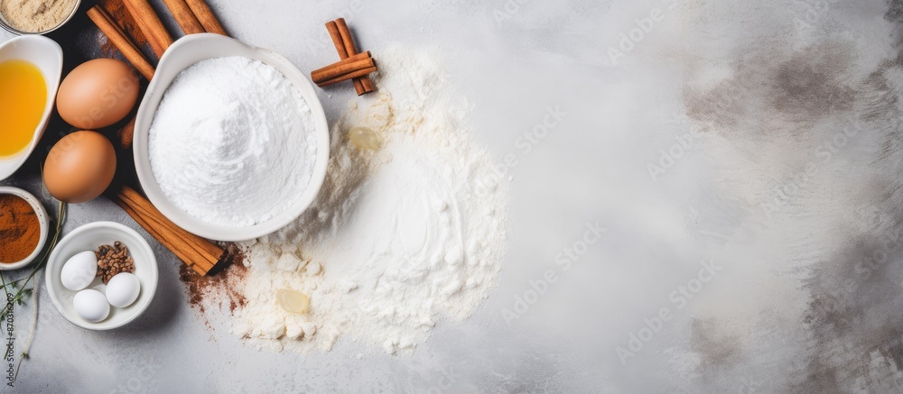 Leinwandbilder a variety of baking ingredients like flour, eggs, sugar, butter, milk, and spices arranged on a gray