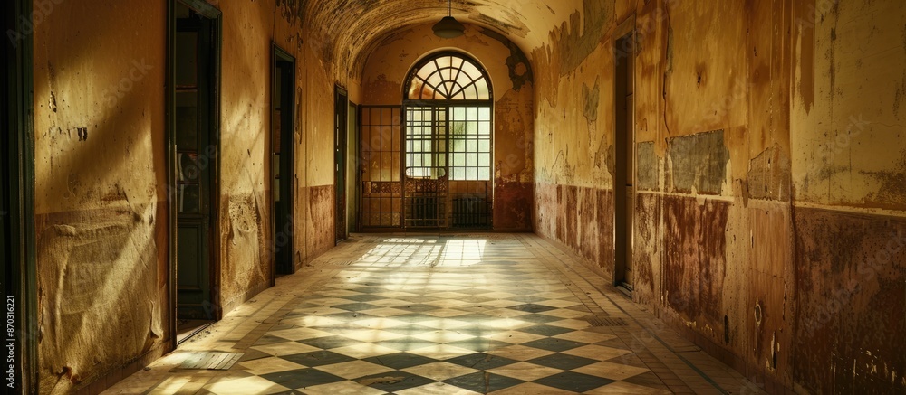 Poster Empty corridor with a terracotta floor and a window, devoid of occupants. with copy space image. Place for adding text or design