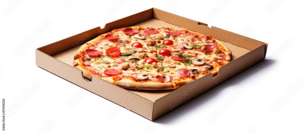Poster a pizza box shown in a close-up view against a white backdrop, with copy space image.