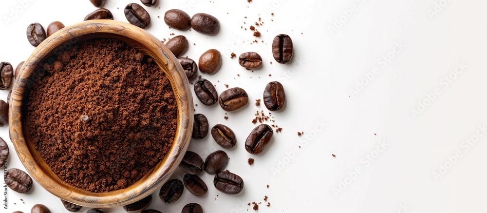 Poster ground coffee and beans coffee in bowl isolated on white background. copy space image. place for add