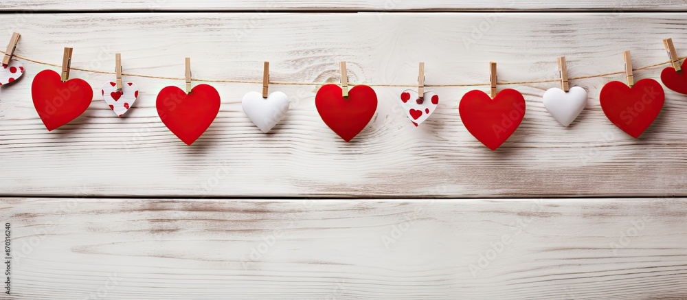 Poster a white wooden background features red heart decorations hanging from a rope with clothespins, leavi