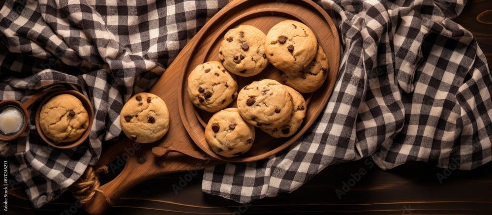 Aufkleber top view of delicious chocolate chip cookies on a wooden tray, along with homemade cookies on a wood