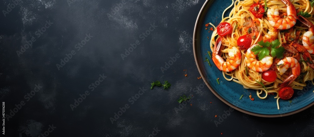 Poster a high-angle view captures a mediterranean dish featuring spaghetti with shrimp and vegetables on a 