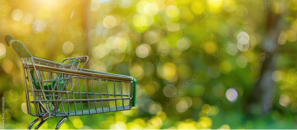 Poster a close-up photo of a shopping cart against a green nature backdrop with blurred bokeh effect and sp