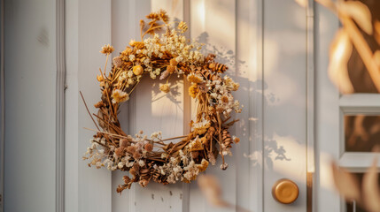 A rustic dried flower wreath hangs on a white door, bathed in the warm glow of afternoon sunlight