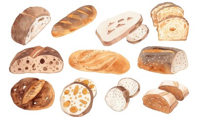 Assorted Breads Flat Lay. Minimalist Aesthetic. White Background. Loaves and Slices Arranged Seamlessly. Ideal for Food-Related Venues. In the style of minimal professional photography 