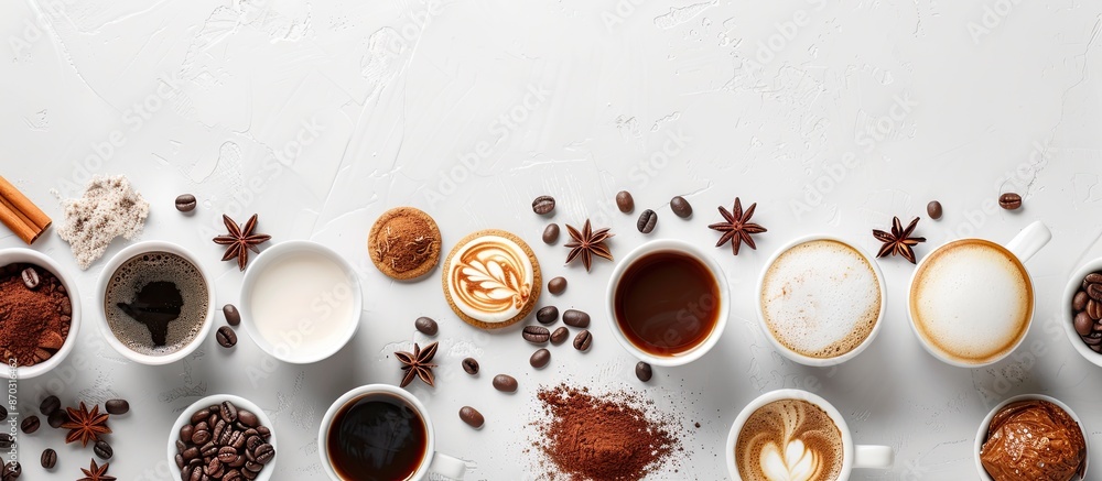 Poster various coffee types and ingredients displayed on a white background with available copy space image
