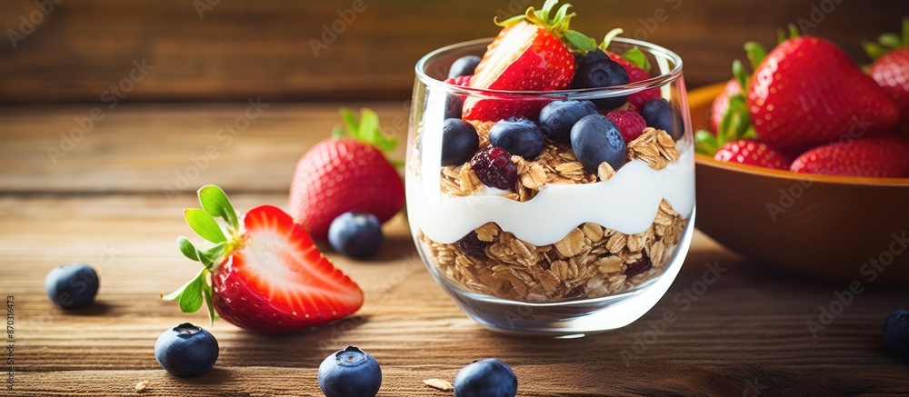 Poster wooden table background with copy space image showcasing a delightful summer berries granola breakfa